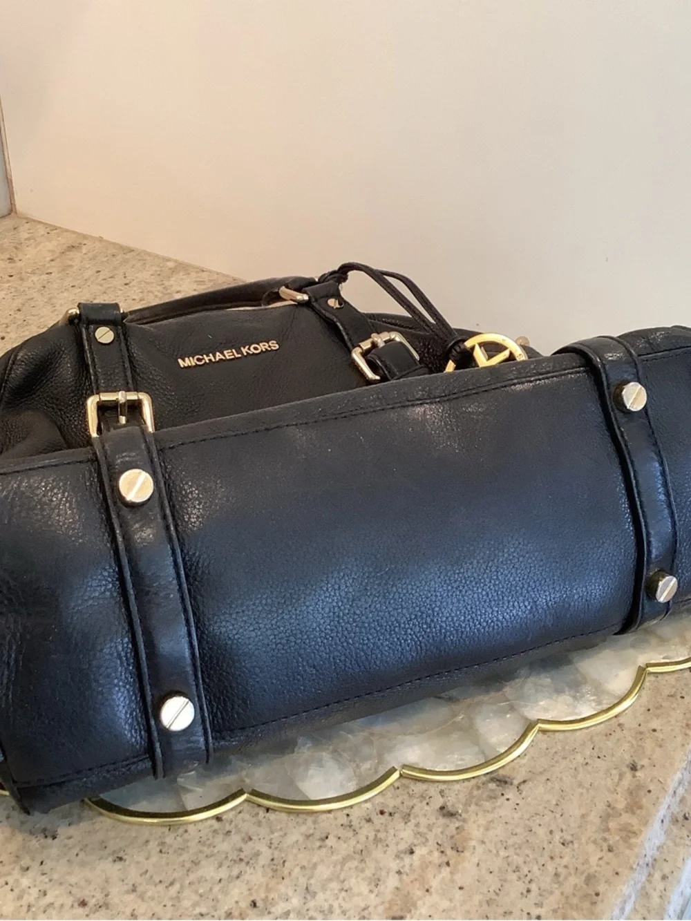 Michael Kors Black Leather Satchel with Gold Hardware
